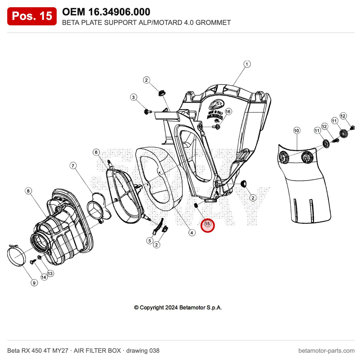 BETA PLATE SUPPORT ALP/MOTARD 4.0 GROMMET – OEM 16.34906.000, position 15 on the Beta RX 450 4T MY27 air filter box drawing