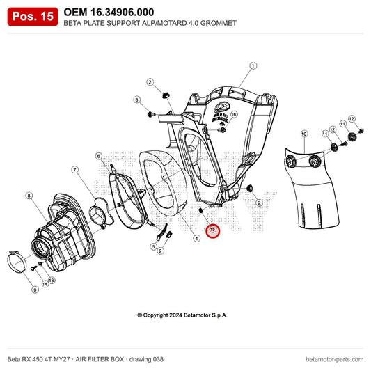 BETA PLATE SUPPORT ALP/MOTARD 4.0 GROMMET – OEM 16.34906.000, position 15 on the Beta RX 450 4T MY27 air filter box drawing