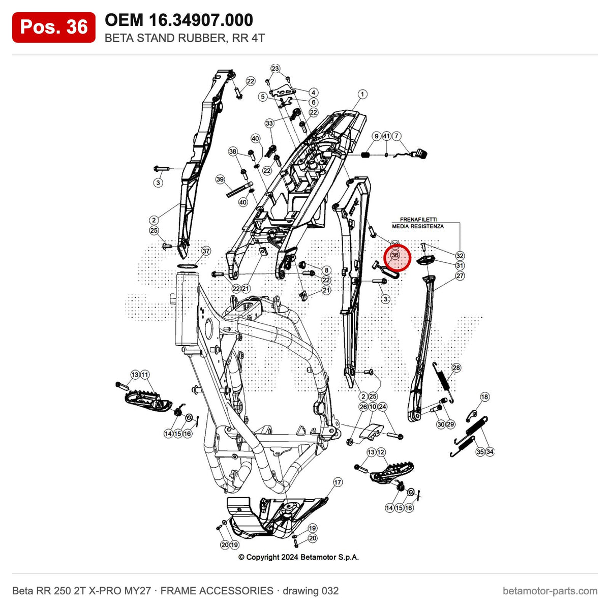BETA STAND RUBBER, RR 4T – OEM 16.34907.000, position 36 on the Beta RR 250 2T X-PRO MY27 frame accessories drawing
