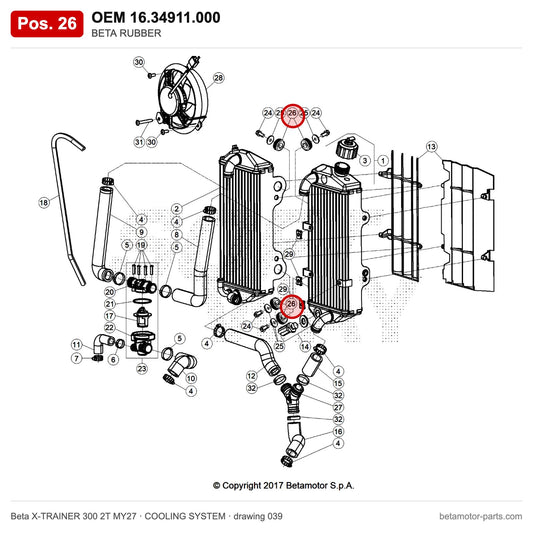 BETA RUBBER – OEM 16.34911.000, position 26 on the Beta X-TRAINER 300 2T MY27 cooling system drawing