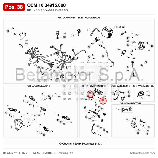 BETA RR BRACKET RUBBER – OEM 16.34915.000, position 38 on the Beta RR 125 LC MY16 wiring harness drawing