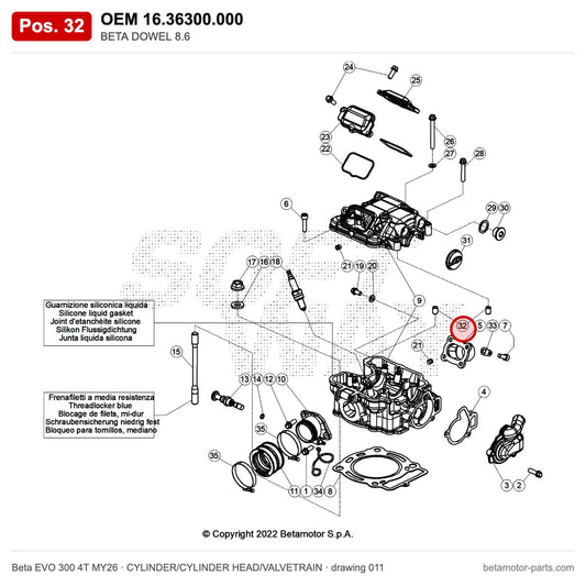 BETA DOWEL 8.6 – OEM 16.36300.000, position 32 on the Beta EVO 300 4T MY26 cylinder/cylinder head/valvetrain drawing
