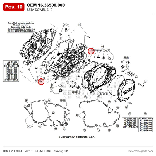BETA DOWEL 9.10 – OEM 16.36500.000, position 10 on the Beta EVO 300 4T MY26 engine case drawing