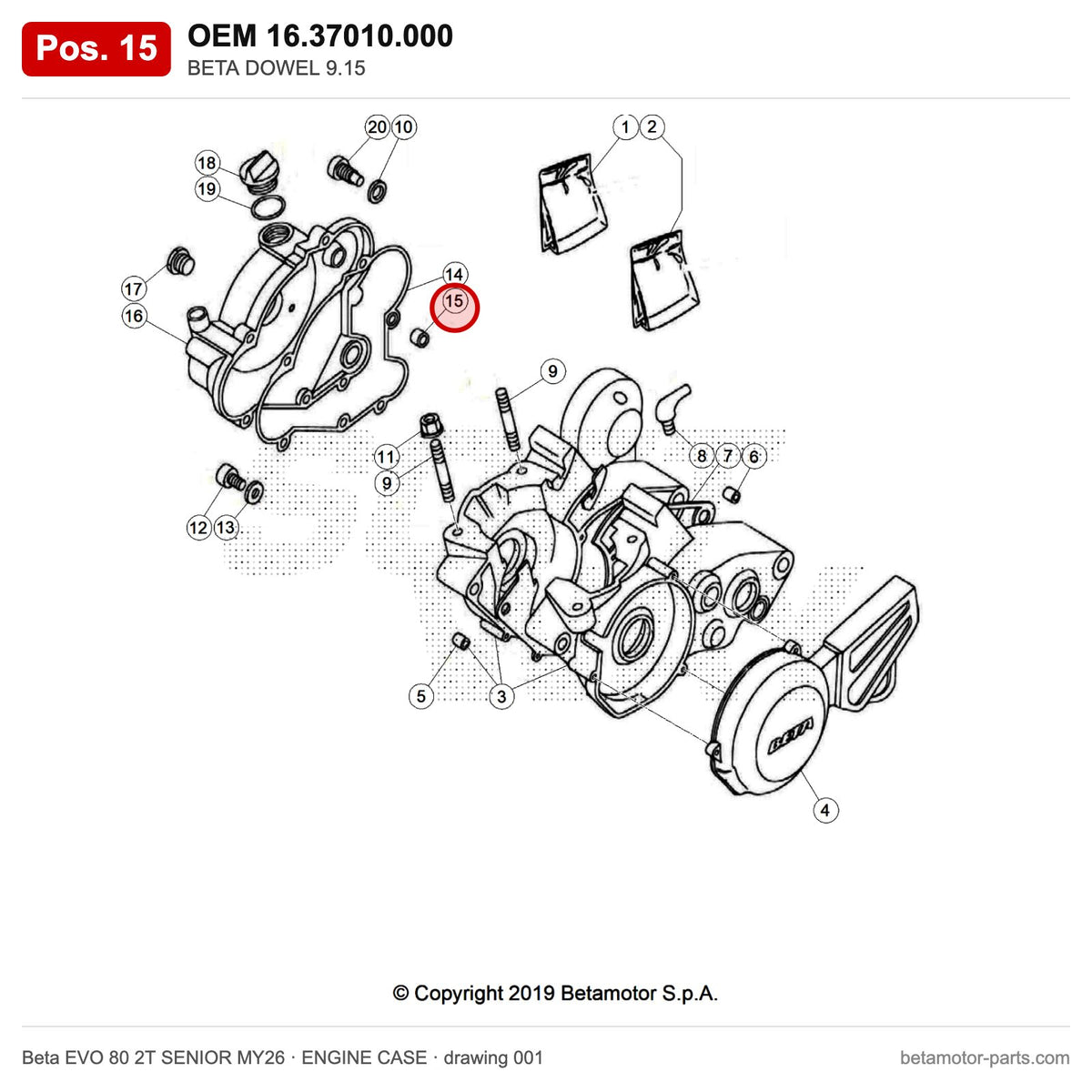 BETA DOWEL 9.15 – OEM 16.37010.000, position 15 on the Beta EVO 80 2T SENIOR MY26 engine case drawing