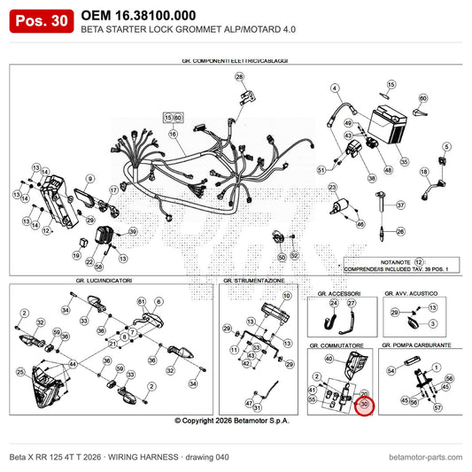 BETA STARTER LOCK GROMMET ALP/MOTARD 4.0 – OEM 16.38100.000, position 30 on the Beta X RR 125 4T T 2026 wiring harness drawing
