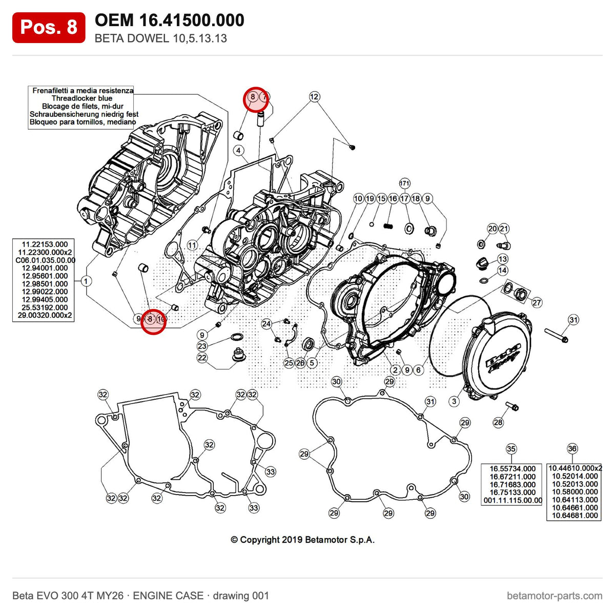 BETA DOWEL 10,5.13.13 – OEM 16.41500.000, position 8 on the Beta EVO 300 4T MY26 engine case drawing