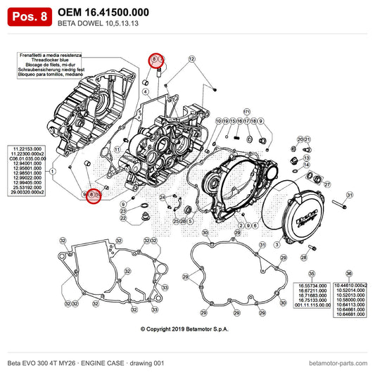BETA DOWEL 10,5.13.13 – OEM 16.41500.000, position 8 on the Beta EVO 300 4T MY26 engine case drawing