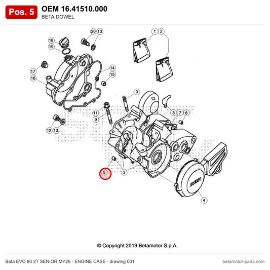 BETA DOWEL – OEM 16.41510.000, position 5 on the Beta EVO 80 2T SENIOR MY26 engine case drawing