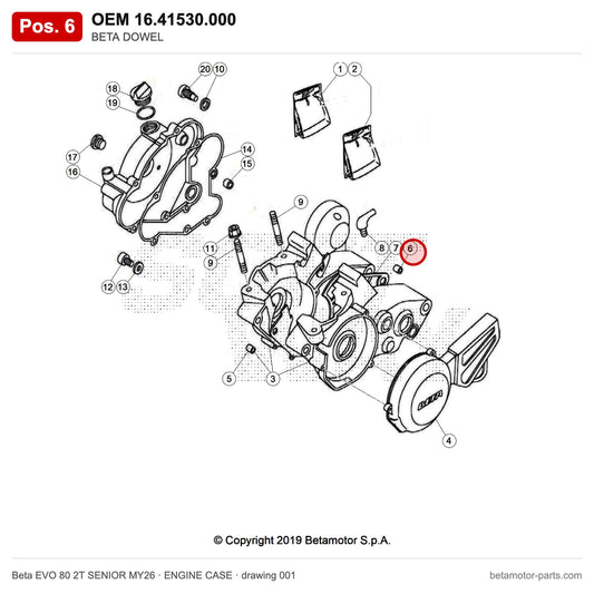 BETA DOWEL – OEM 16.41530.000, position 6 on the Beta EVO 80 2T SENIOR MY26 engine case drawing
