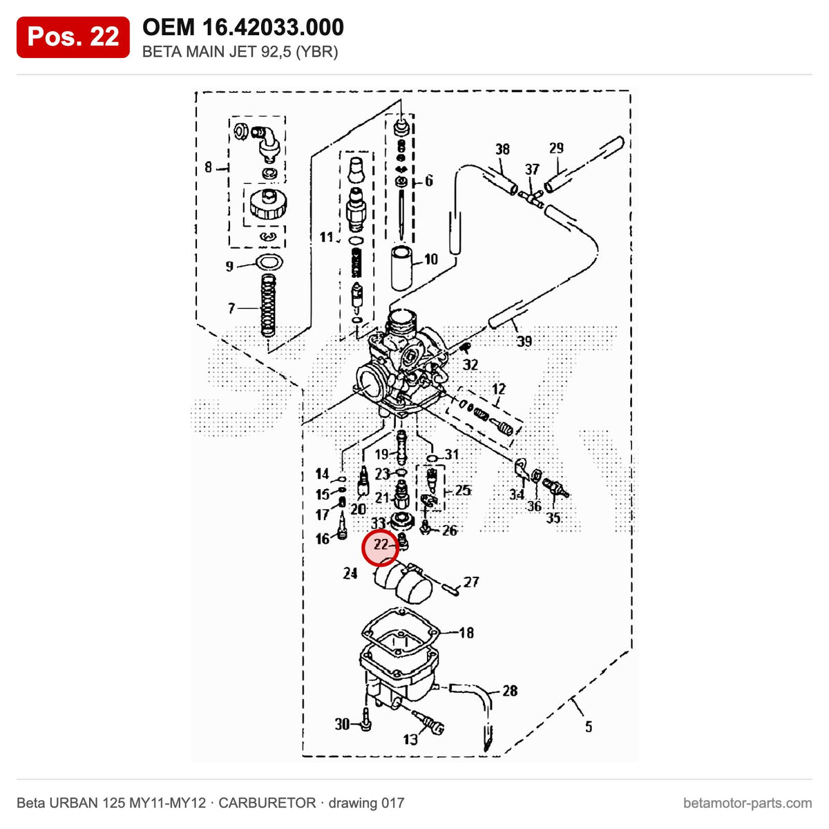 BETA MAIN JET 92,5 (YBR) – OEM 16.42033.000, position 22 on the Beta URBAN 125 MY11-MY12 carburetor drawing