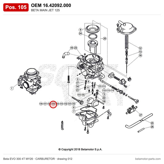 BETA MAIN JET 125 – OEM 16.42092.000, position 105 on the Beta EVO 300 4T MY26 carburetor drawing