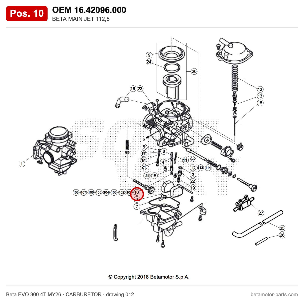 BETA MAIN JET 112,5 – OEM 16.42096.000, position 10 on the Beta EVO 300 4T MY26 carburetor drawing