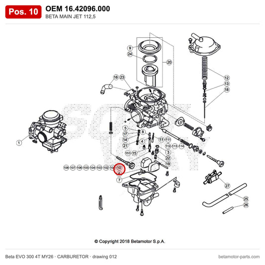 BETA MAIN JET 112,5 – OEM 16.42096.000, position 10 on the Beta EVO 300 4T MY26 carburetor drawing