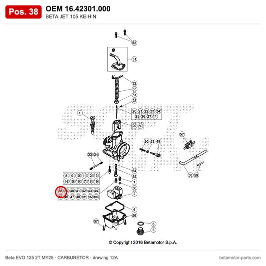 BETA JET 105 KEIHIN – OEM 16.42301.000, position 38 on the Beta EVO 125 2T MY25 carburetor drawing