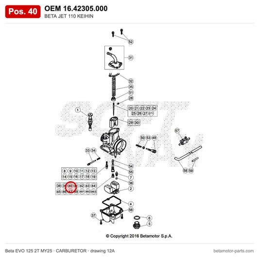 BETA JET 110 KEIHIN – OEM 16.42305.000, position 40 on the Beta EVO 125 2T MY25 carburetor drawing