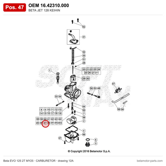 BETA JET 128 KEIHIN – OEM 16.42310.000, position 47 on the Beta EVO 125 2T MY25 carburetor drawing
