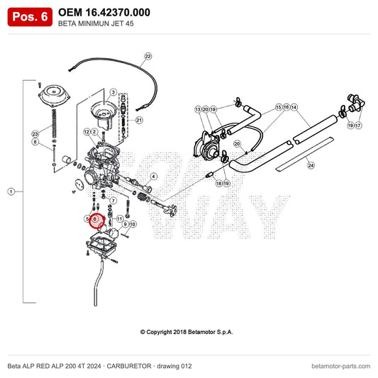 BETA MINIMUN JET 45 – OEM 16.42370.000, position 6 on the Beta ALP RED ALP 200 4T 2024 carburetor drawing