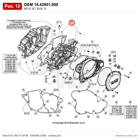 BETA JET SIZE 75 – OEM 16.42901.000, position 12 on the Beta EVO 300 4T MY26 engine case drawing
