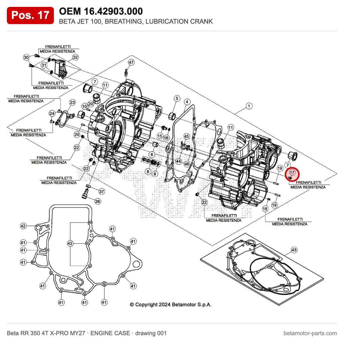 BETA JET 100, BREATHING, LUBRICATION CRANK – OEM 16.42903.000, position 17 on the Beta RR 350 4T X-PRO MY27 engine case drawing