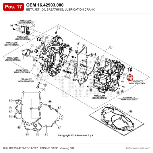BETA JET 100, BREATHING, LUBRICATION CRANK – OEM 16.42903.000, position 17 on the Beta RR 350 4T X-PRO MY27 engine case drawing