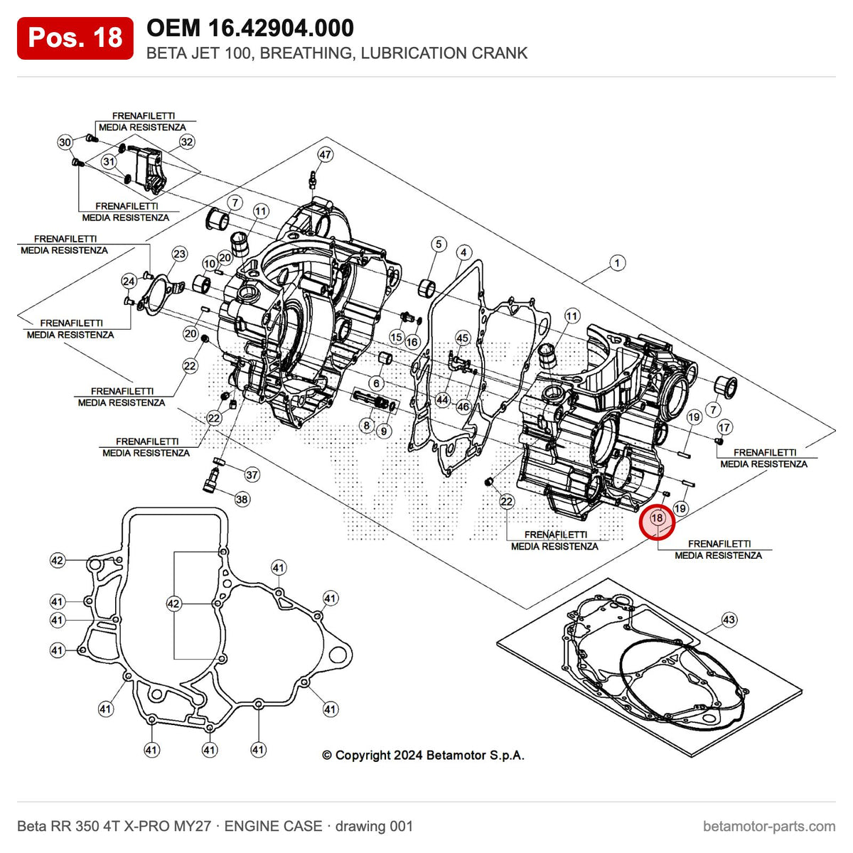 BETA JET 100, BREATHING, LUBRICATION CRANK – OEM 16.42904.000, position 18 on the Beta RR 350 4T X-PRO MY27 engine case drawing