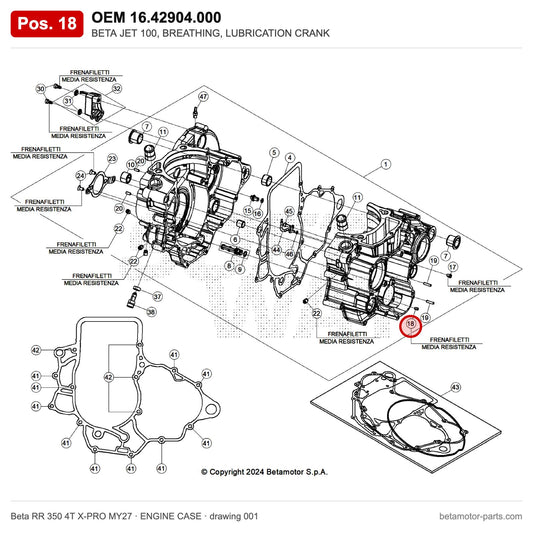 BETA JET 100, BREATHING, LUBRICATION CRANK – OEM 16.42904.000, position 18 on the Beta RR 350 4T X-PRO MY27 engine case drawing
