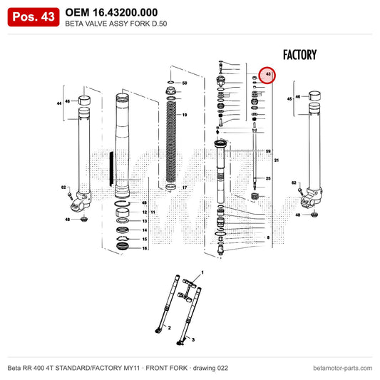 BETA VALVE ASSY FORK D.50 – OEM 16.43200.000, position 43 on the Beta RR 400 4T STANDARD/FACTORY MY11 front fork drawing