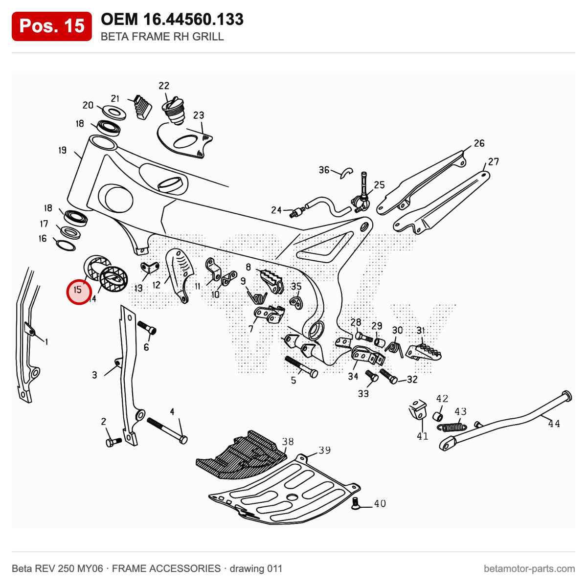BETA FRAME RH GRILL – OEM 16.44560.133, position 15 on the Beta REV 250 MY06 frame accessories drawing