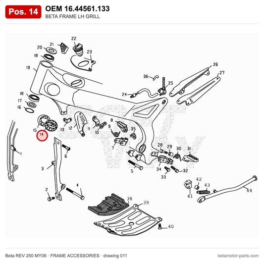 BETA FRAME LH GRILL – OEM 16.44561.133, position 14 on the Beta REV 250 MY06 frame accessories drawing