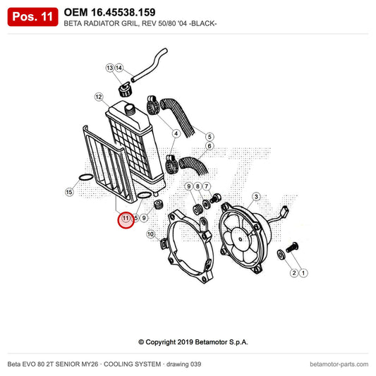 BETA RADIATOR GRIL, REV 50/80 '04 -BLACK- – OEM 16.45538.159, position 11 on the Beta EVO 80 2T SENIOR MY26 cooling system drawing
