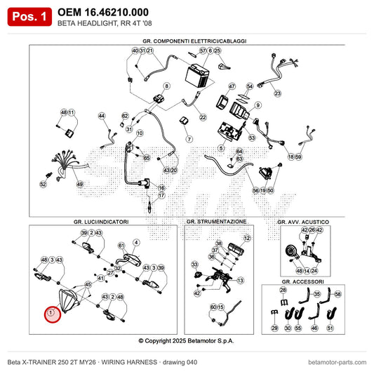 BETA HEADLIGHT, RR 4T '08 – OEM 16.46210.000, position 1 on the Beta X-TRAINER 250 2T MY26 wiring harness drawing