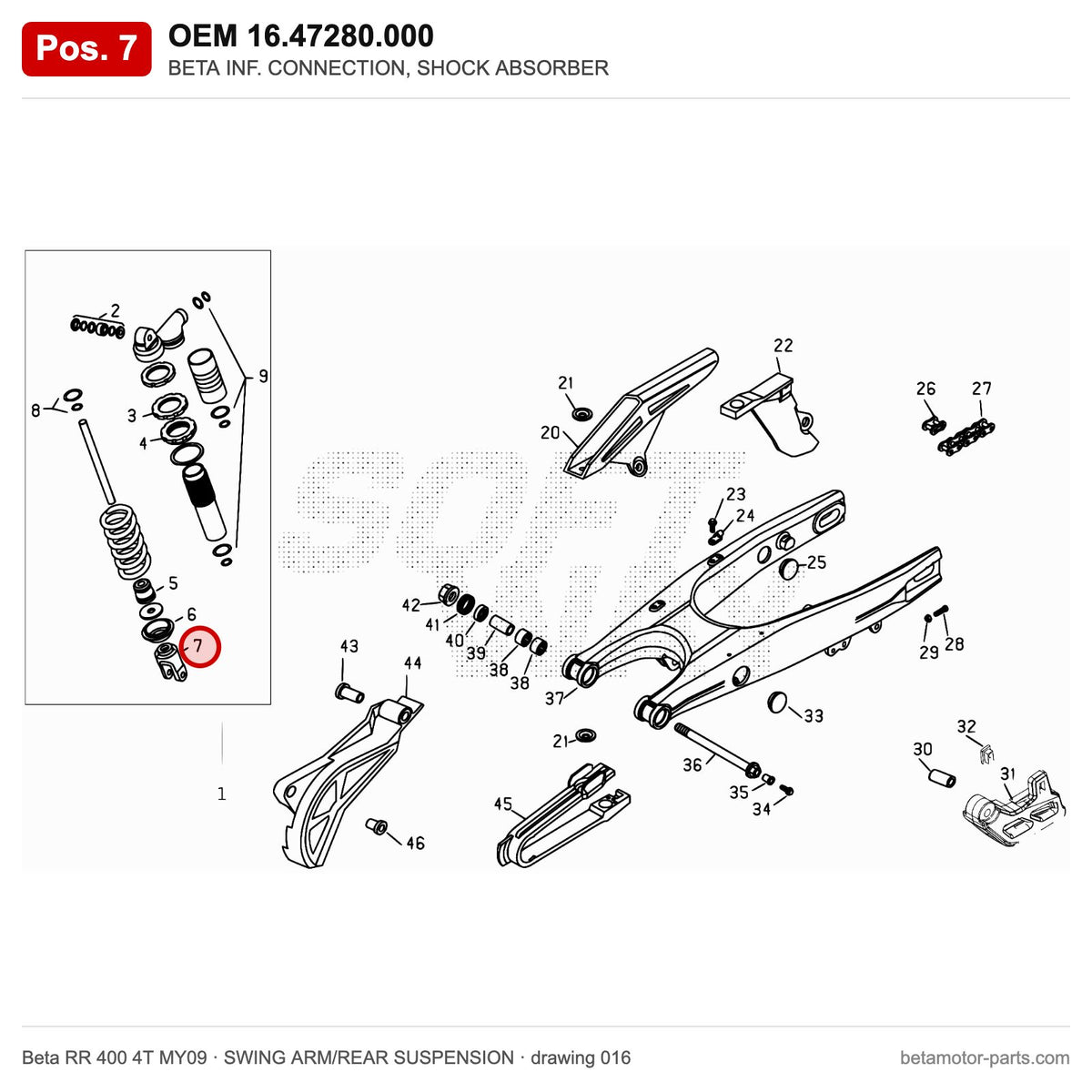 BETA INF. CONNECTION, SHOCK ABSORBER – OEM 16.47280.000, position 7 on the Beta RR 400 4T MY09 swing arm/rear suspension drawing