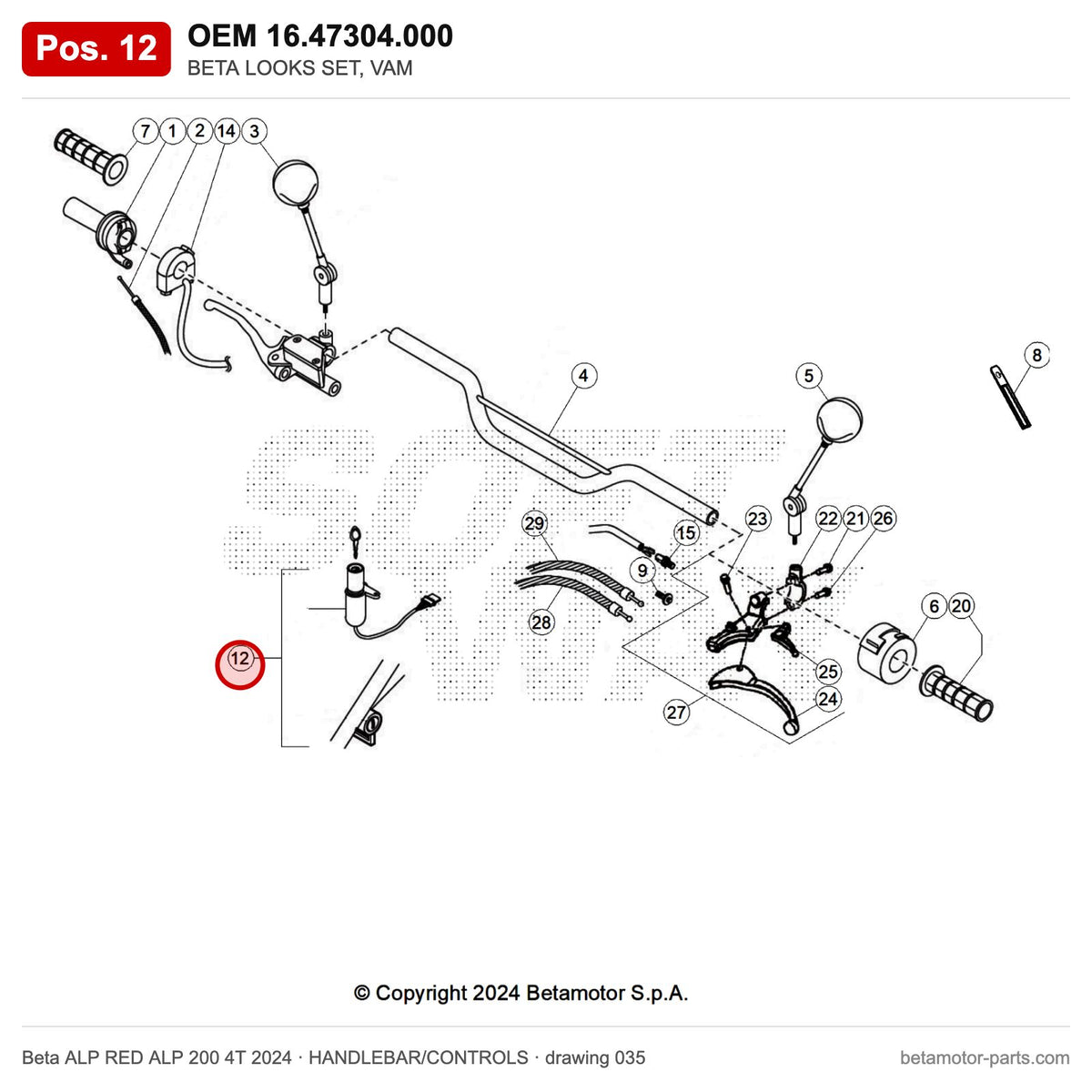 BETA LOOKS SET, VAM – OEM 16.47304.000, position 12 on the Beta ALP RED ALP 200 4T 2024 handlebar/controls drawing