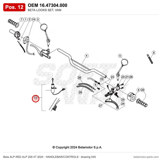 BETA LOOKS SET, VAM – OEM 16.47304.000, position 12 on the Beta ALP RED ALP 200 4T 2024 handlebar/controls drawing