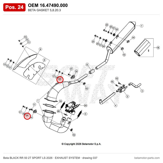 BETA GASKET 5,8.20.3 – OEM 16.47490.000, position 24 on the Beta BLACK RR 50 2T SPORT LS 2026 exhaust system drawing