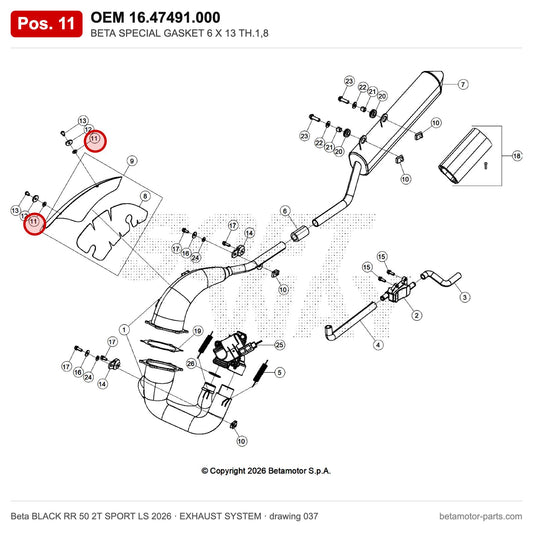 BETA SPECIAL GASKET 6 X 13 TH.1,8 – OEM 16.47491.000, position 11 on the Beta BLACK RR 50 2T SPORT LS 2026 exhaust system drawing