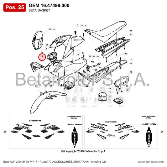 BETA GASKET – OEM 16.47499.000, position 25 on the Beta ALP 200 MY16-MY17 plastic accessories/seat/tank drawing