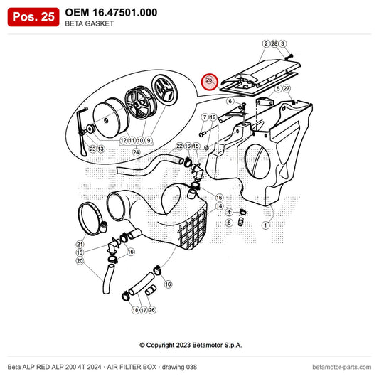 BETA GASKET – OEM 16.47501.000, position 25 on the Beta ALP RED ALP 200 4T 2024 air filter box drawing