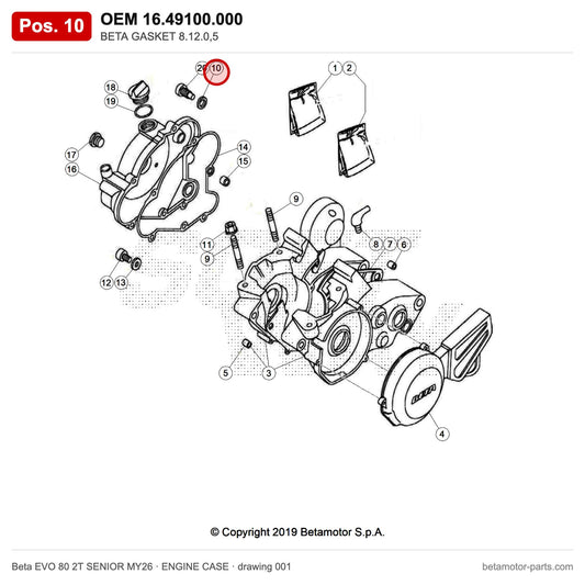 BETA GASKET 8.12.0,5 – OEM 16.49100.000, position 10 on the Beta EVO 80 2T SENIOR MY26 engine case drawing
