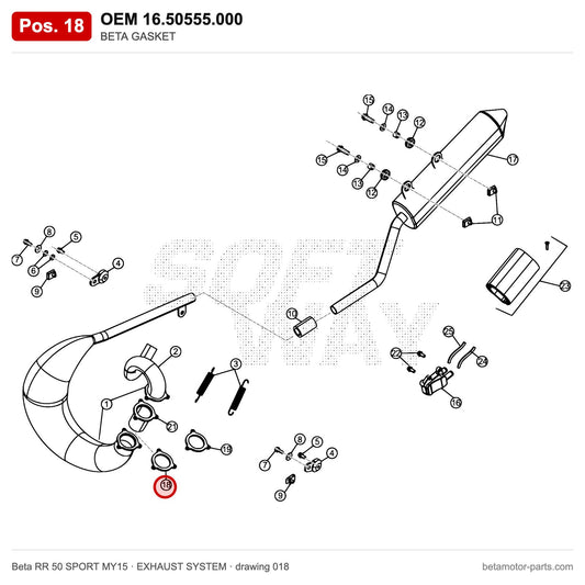 BETA GASKET – OEM 16.50555.000, position 18 on the Beta RR 50 SPORT MY15 exhaust system drawing