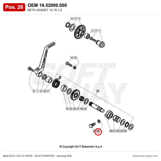 BETA GASKET 12.16.1,5 – OEM 16.52000.000, position 26 on the Beta EVO 125 2T MY25 kick starter drawing