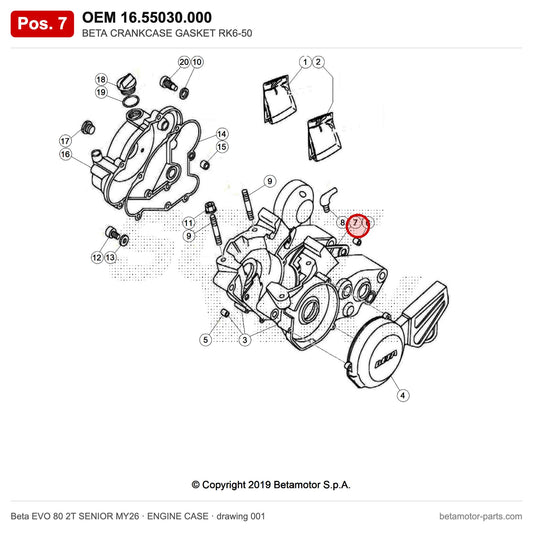 BETA CRANKCASE GASKET RK6-50 – OEM 16.55030.000, position 7 on the Beta EVO 80 2T SENIOR MY26 engine case drawing