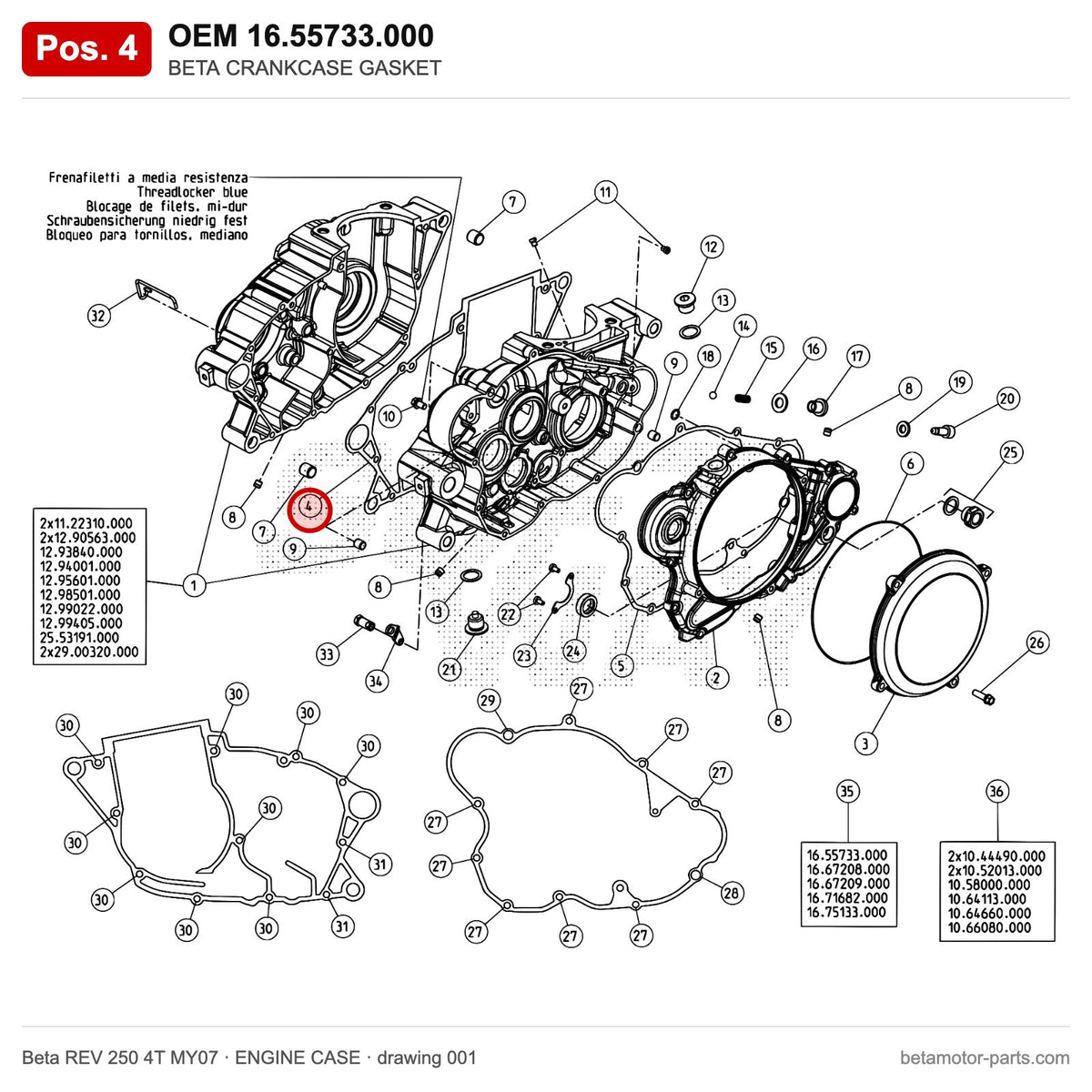 BETA CRANKCASE GASKET – OEM 16.55733.000, position 4 on the Beta REV 250 4T MY07 engine case drawing