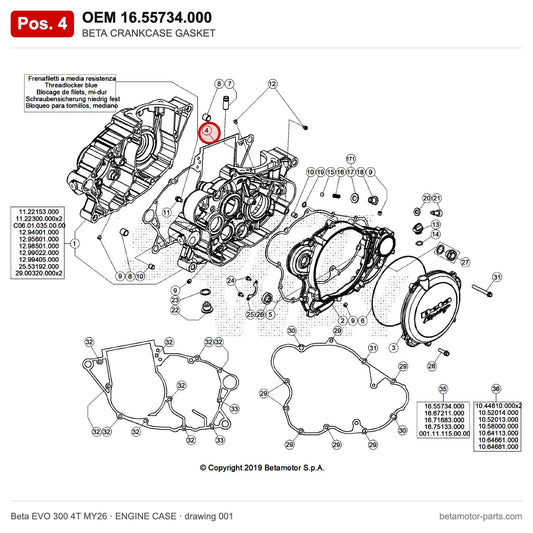 BETA CRANKCASE GASKET – OEM 16.55734.000, position 4 on the Beta EVO 300 4T MY26 engine case drawing