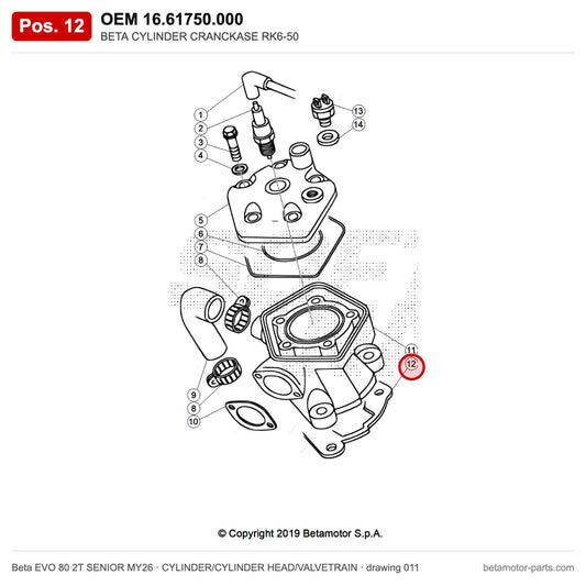 BETA CYLINDER CRANCKASE RK6-50 – OEM 16.61750.000, position 12 on the Beta EVO 80 2T SENIOR MY26 cylinder/cylinder head/valvetrain drawing