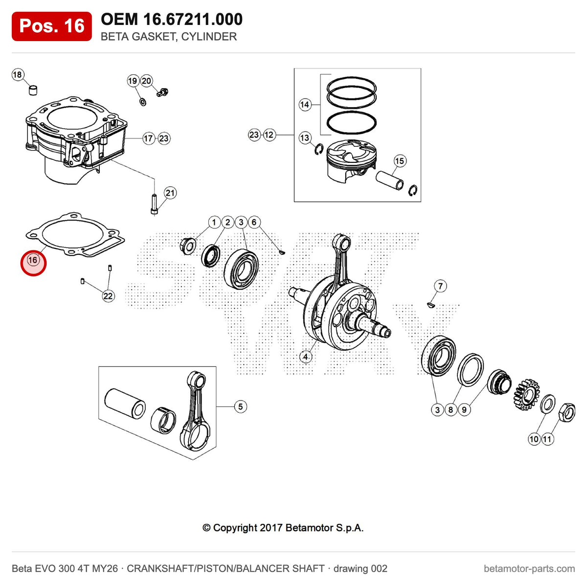 BETA GASKET, CYLINDER – OEM 16.67211.000, position 16 on the Beta EVO 300 4T MY26 crankshaft/piston/balancer shaft drawing
