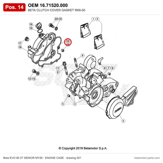 BETA CLUTCH COVER GASKET RK6-50 – OEM 16.71520.000, position 14 on the Beta EVO 80 2T SENIOR MY26 engine case drawing