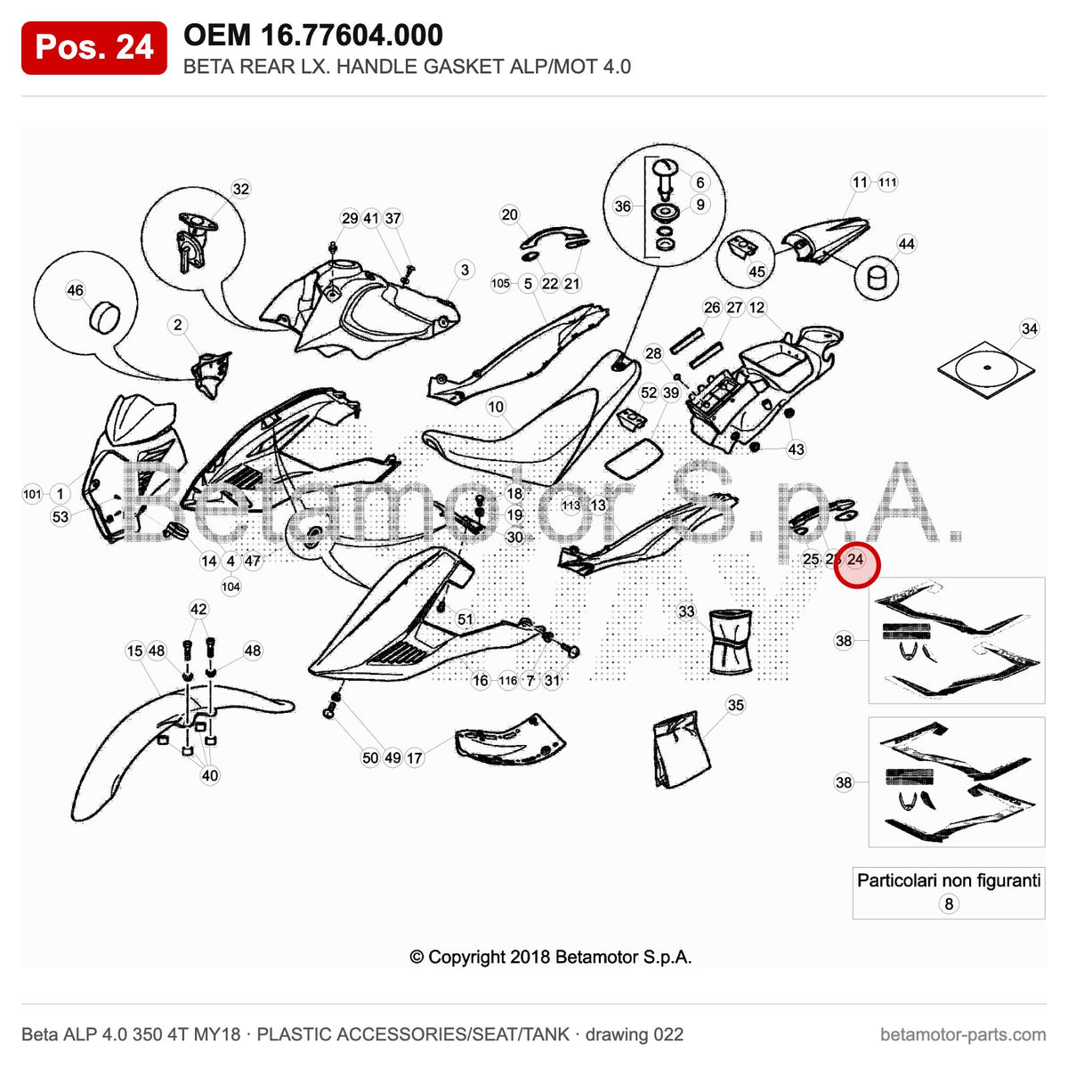 BETA REAR LX. HANDLE GASKET ALP/MOT 4.0 – OEM 16.77604.000, position 24 on the Beta ALP 4.0 350 4T MY18 plastic accessories/seat/tank drawing