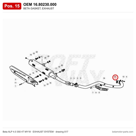 BETA GASKET, EXHAUST – OEM 16.80230.000, position 15 on the Beta ALP 4.0 350 4T MY18 exhaust system drawing