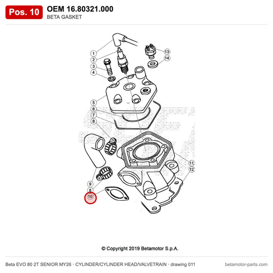 BETA GASKET – OEM 16.80321.000, position 10 on the Beta EVO 80 2T SENIOR MY26 cylinder/cylinder head/valvetrain drawing
